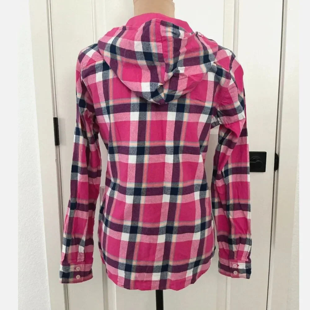 Eddie Bauer Women’s M Pink Plaid Hooded Flannel Shirt Outdoors/Hiking/Camping